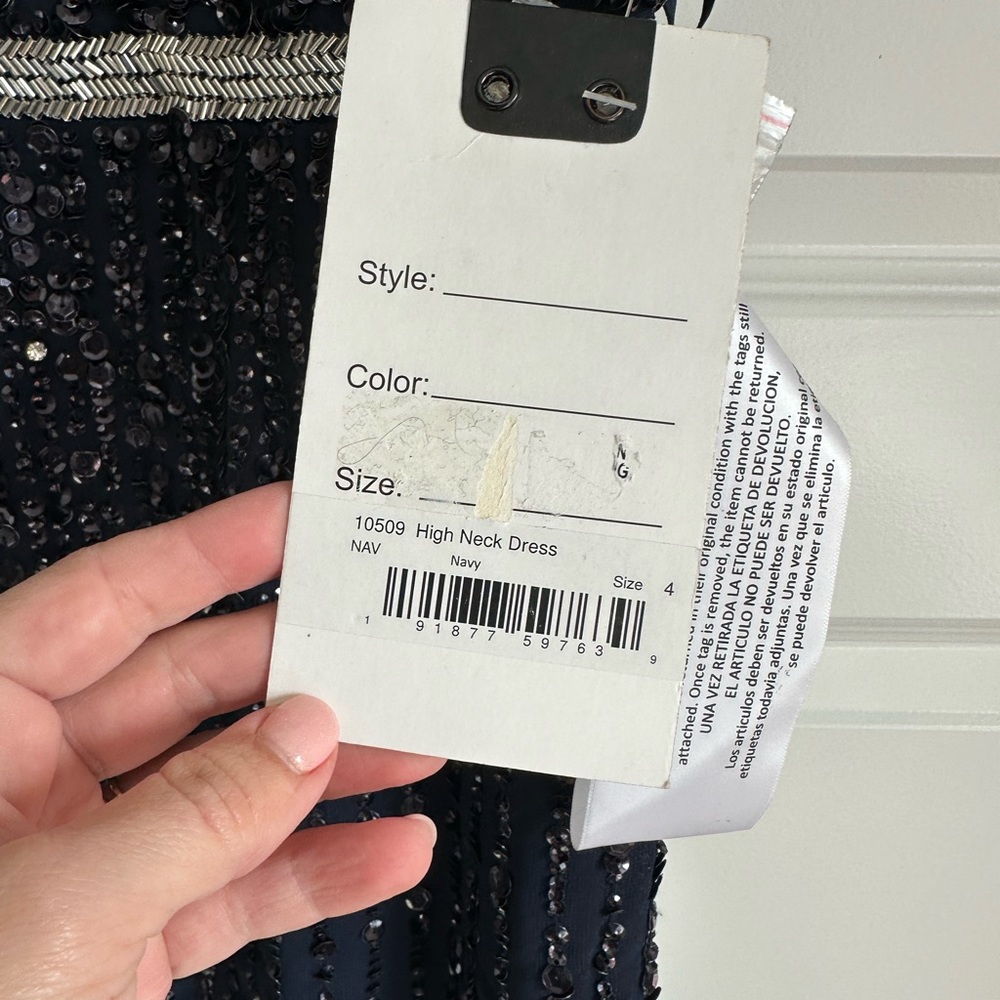 Mac‎ Duggal Beaded Sleeveless High Neck Midi Sheath Dress in Navy NWT - Picture 6 of 9